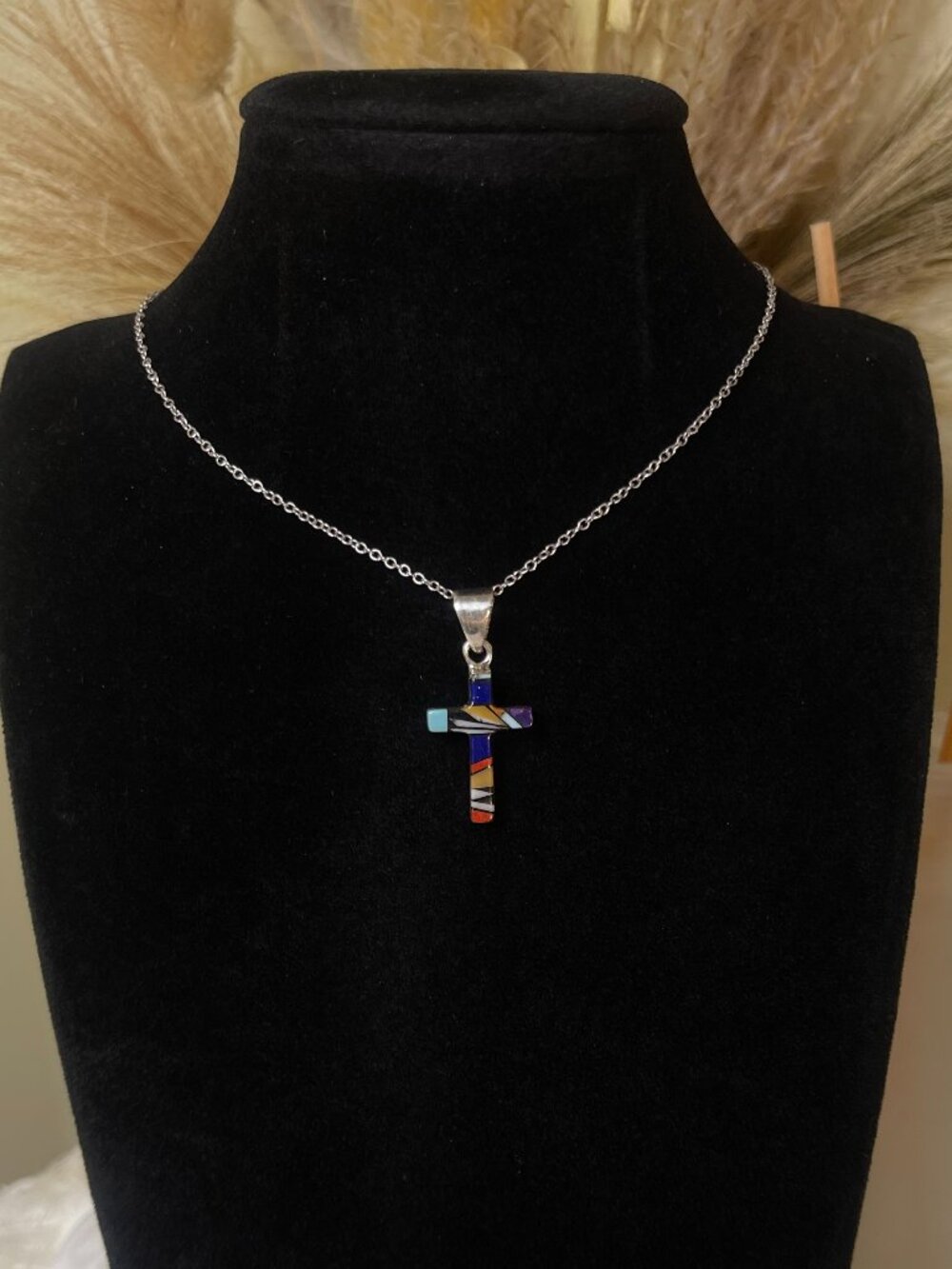 Multicolor Inlay Cross Pendant Necklace 925 Sterling Silver Southwestern